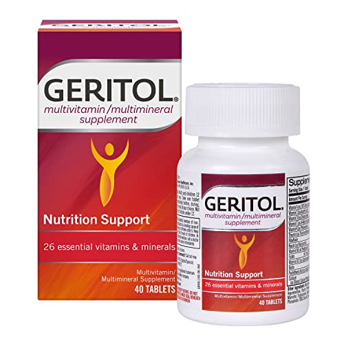 Geritol, suplemento multivitamínico, contiene vitaminas B, antioxidantes, vitaminas C, E y D y hierro, 26 vitaminas y minerales esenciales, sin gluten, sin OGM, sin edulcorantes artificiales, 40 table