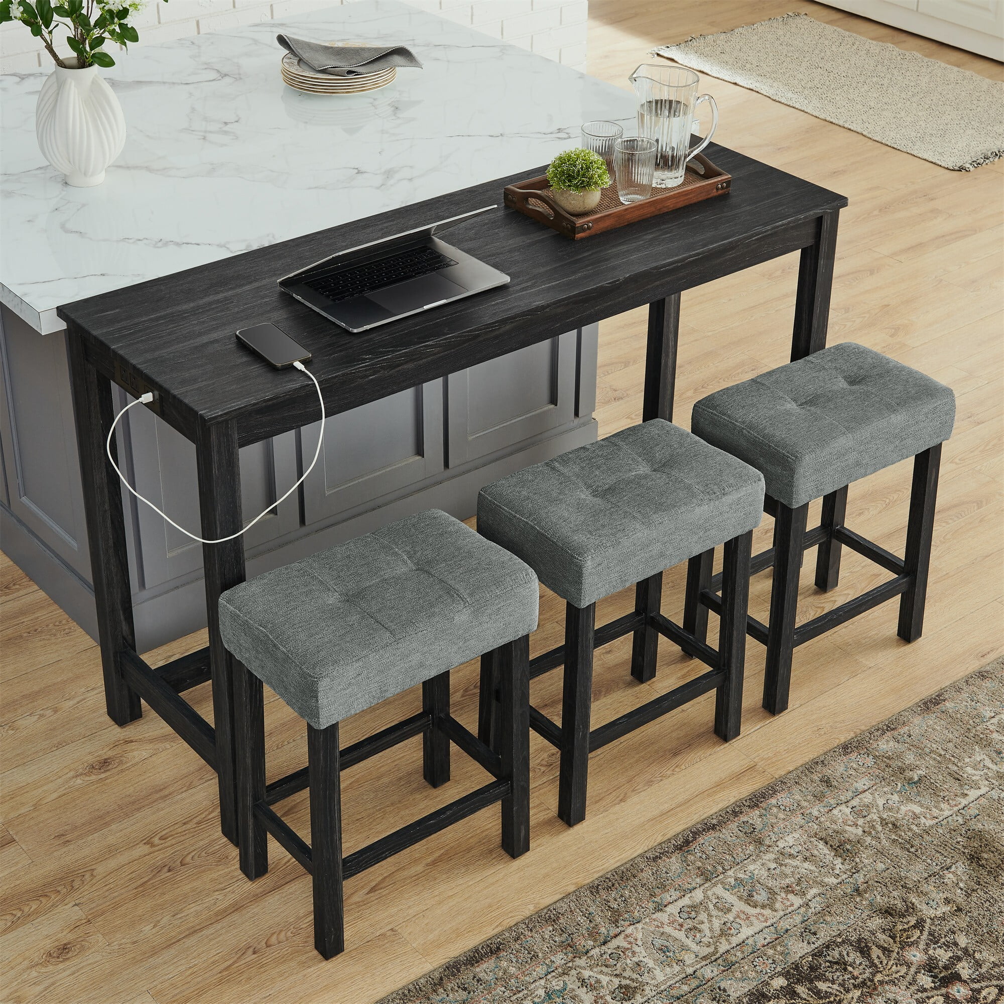 DEALTOPS 4-Piece Bar Table Set with Charging Station, 59" Counter Table with 3 Soft Stools for Small Space, Black