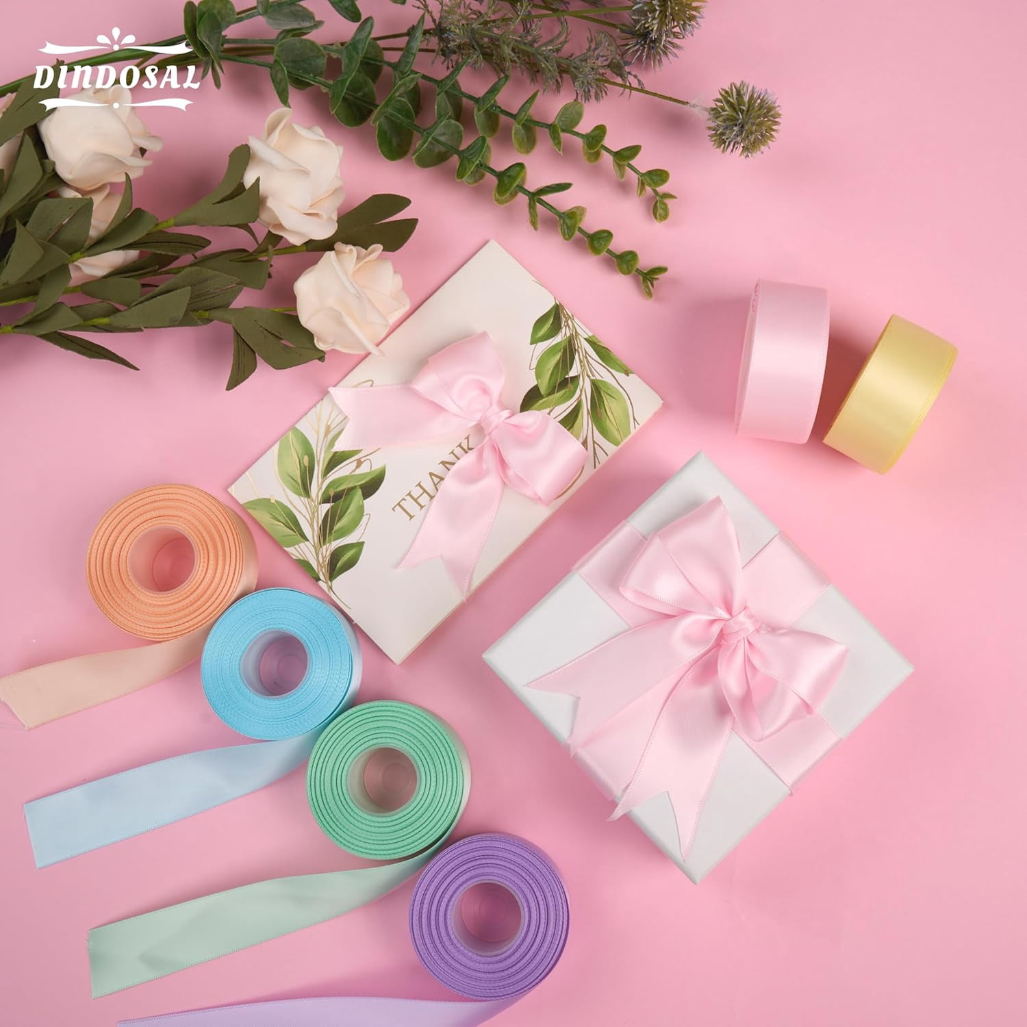 Pastel Ribbon 1 Inch Pastel Rainbow Satin Colorful Assorted Ribbon 6 Rolls for Gift Wrapping, Multicolor Flower Bouque Crafts Birthday Party Wedding - 60Yards