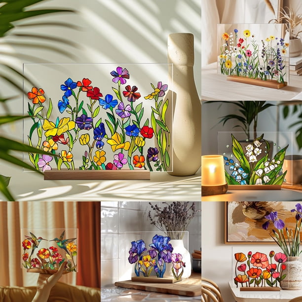 Xihbxyly Adorno Floral de Acrílico para Escritorio, Diseño Impreso Transparente, Alta Transparencia y Textura Similar Al Vidrio, Base de Madera para Fácil Instalación, Elegante Decoración para El Hog