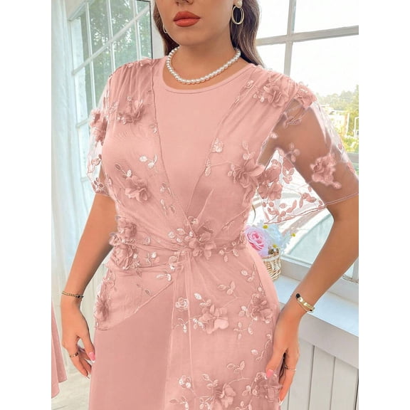 Pink Plus Size Womens Elegant Floral Embellished Twist Front Dress With Sheer Short Sleeves And Round Neck