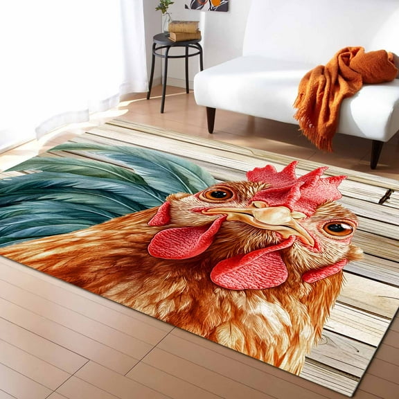 Area Rugs Indoor Non-Slip Rectangle Rug 5x7 Ft Country Farmhouse Rooster Wood Grain Rug Rubber Backing Floor Mats Non Shedding Home Decor Carpet for Entryway Living Room