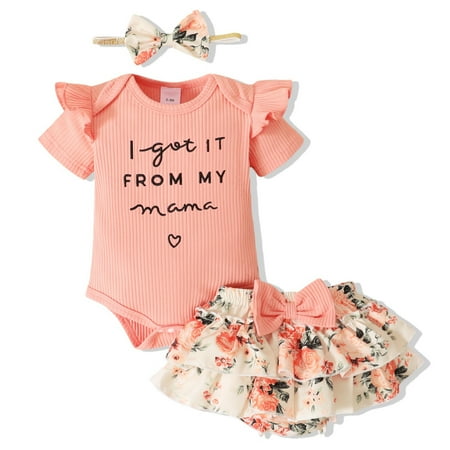 

[BRAND CLEARANCE!!!] 0-18M Toddler Baby Girls Romper Set Outfits Short Sleeve Letter Print Ribbed Bodysuit+Floral Layered Shorts+Headband Summer Clothes Suit (Pink 3)