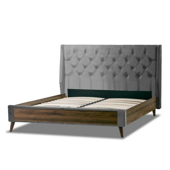 Glamour Home Arlo Fabric Queen Bed with Wings and Button Tufting in Gray