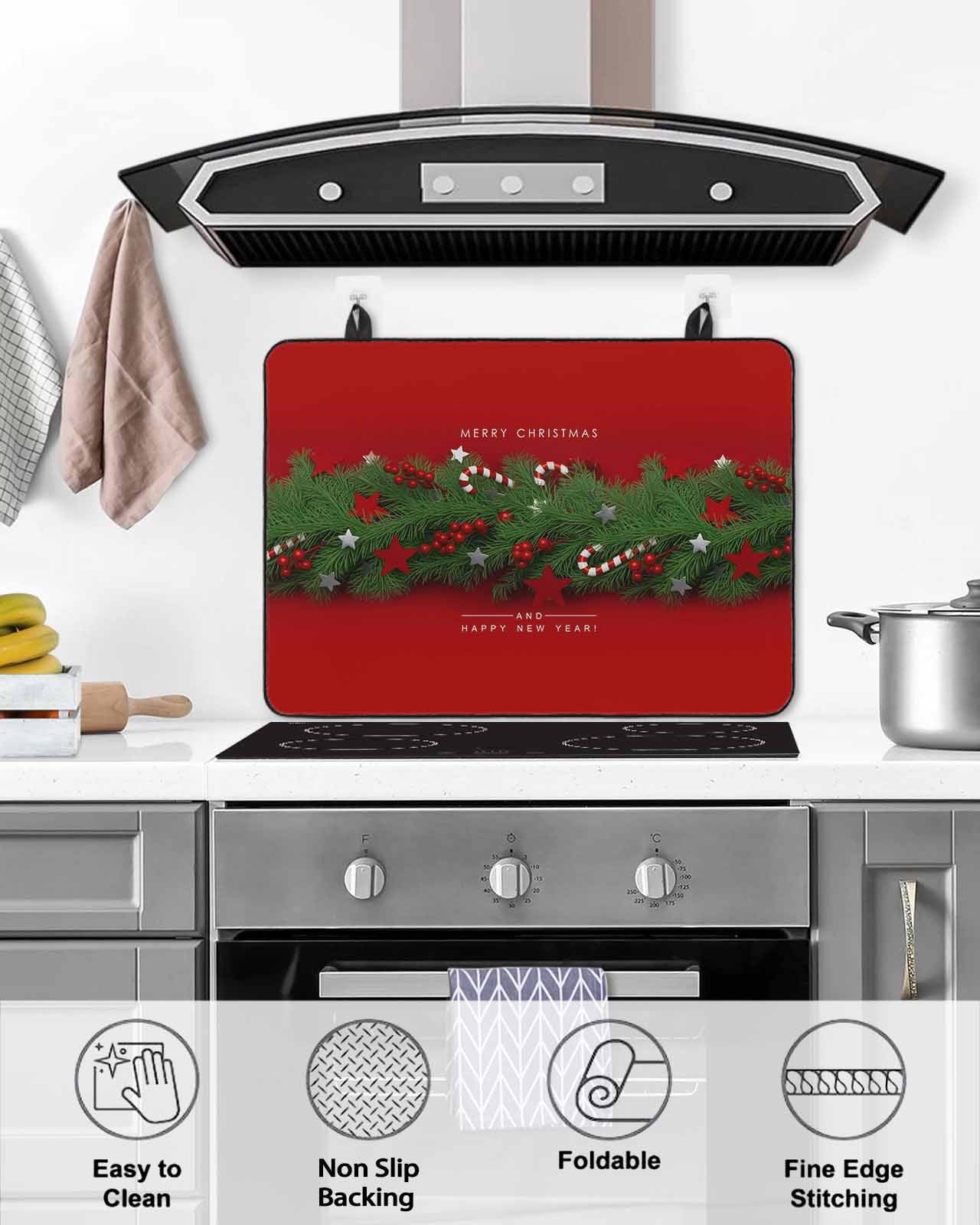 Large Induction Cooktop Protector Mat Christmas Stove Top Covers for Electric Stove, Winter Chic Pine Branch Xmas Sandpins Candy Red Decorative Stove Burner Cover Mats, Glass Top Stove Cover