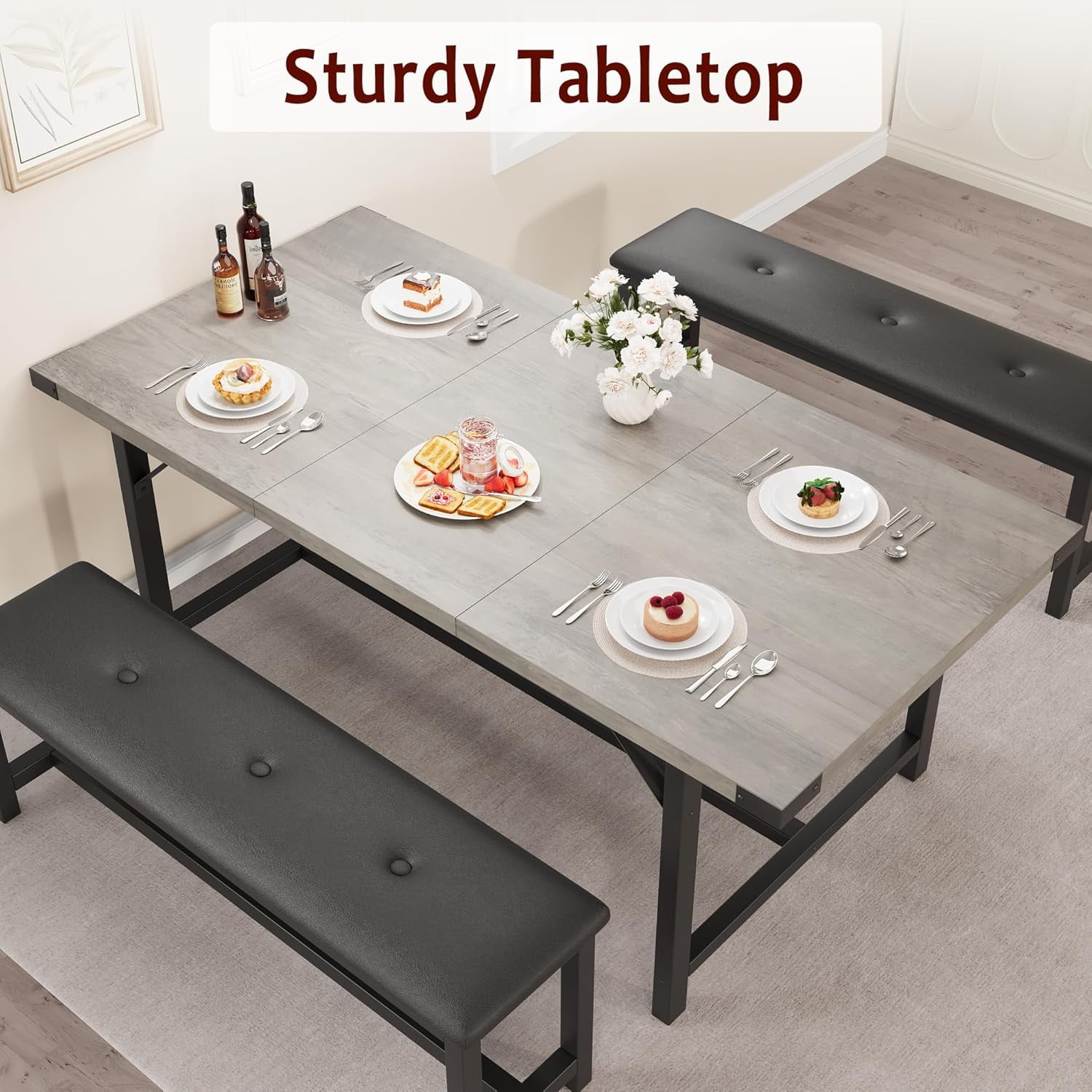 Extendable Dining Table for 4-6 Person,Wooden Dining Room Table,Modern 63" Extendable Table with 2 Upholstered Benches for Gatherings,Meeting for Small Kitchens Dining Office Areas