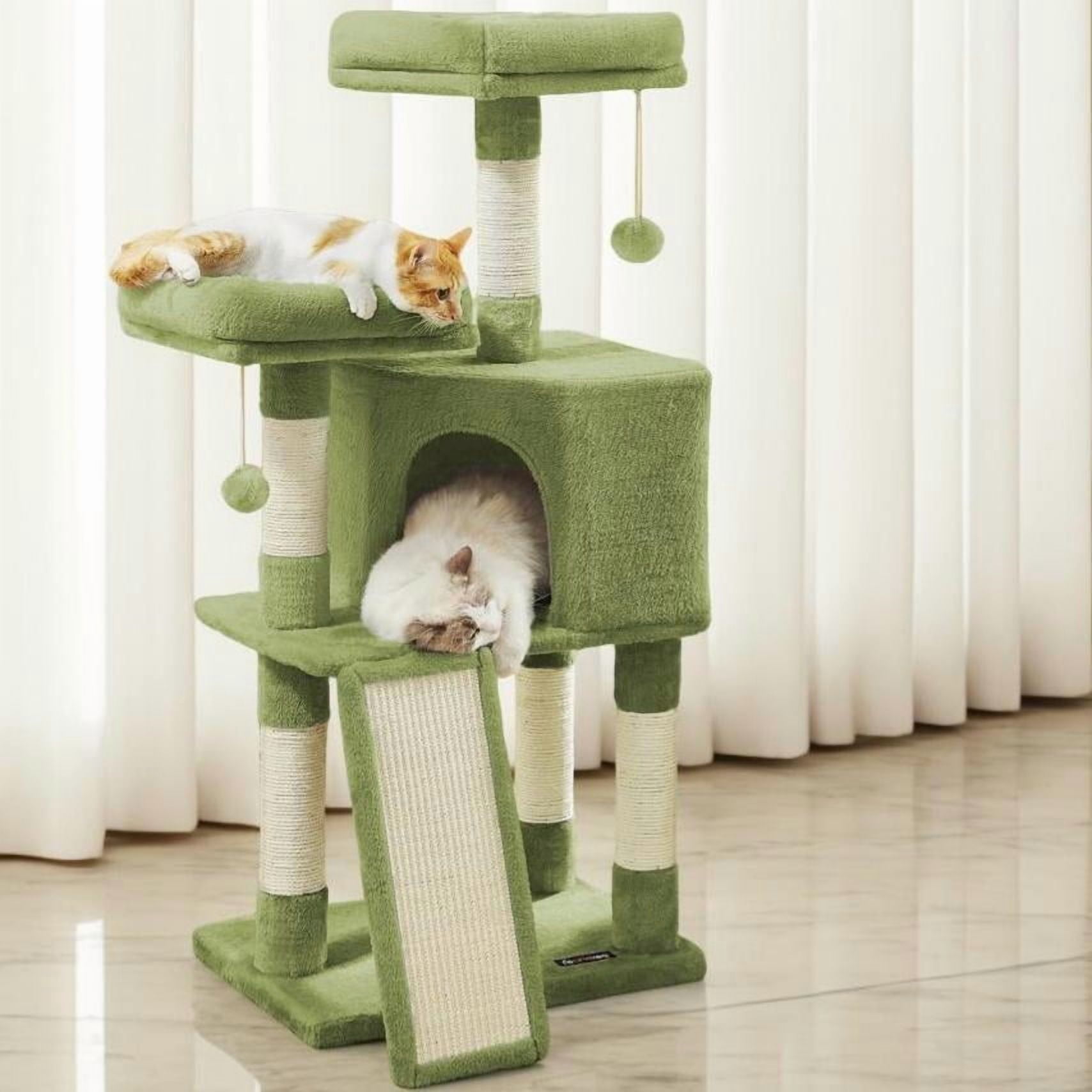 LEDREM Cat Tower, 45.3-Inch Indoor Cat Tree with Scratching Ramp, Perches, Spacious Cat Cave, Multi-Level Condo for Kittens, Adult Cats, Grass Green
