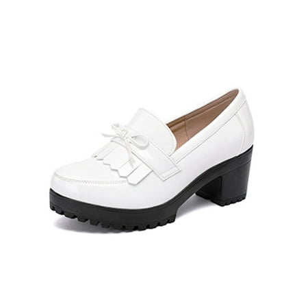 

Woobling Women Pumps Comfort Loafers Slip On Leather Shoes Party Casual Shoe Lightweight Chunky Heel Retro White 4.5