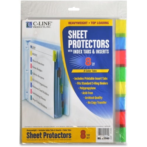 C-Line Heavyweight Poly Sheet Protectors with Index Tabs 8-Tab Set, Assorted Color Tabs, Top Loading, 8 1/2 x 11, 8/ST, 05580