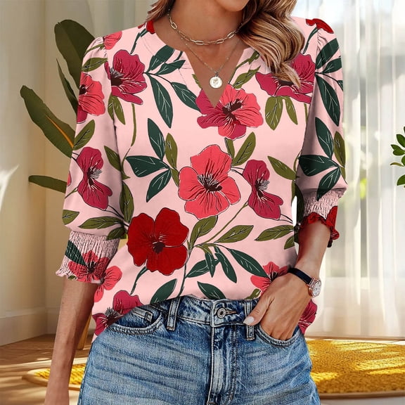 Sheghy Women's Casual Fall Outfits for Women 3/4 Sleeve T-Shirts Crew Neck Basic Tunic Printed Blouses Daily Shirts Hot Pink S