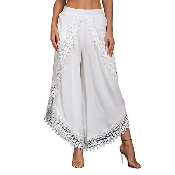 Womens Summer Casual High Waist Solid Capri Pants Palazzo Loose Lace Trim Wide Leg Pants Capris Flowy Comfy Trousers
