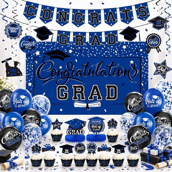 DECHISY Graduation Decorations Kit Blue and Gold Class of 2026 With Banner Backdrop Balloons Hanging Swirl Cupcake Toppers Centerpieces