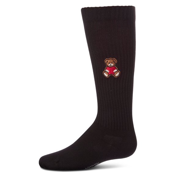 MeMoi Ribbed Cotton-Rich Knee High Sock with Embroidered Teddy Bear - Girls - Female, 8, Black