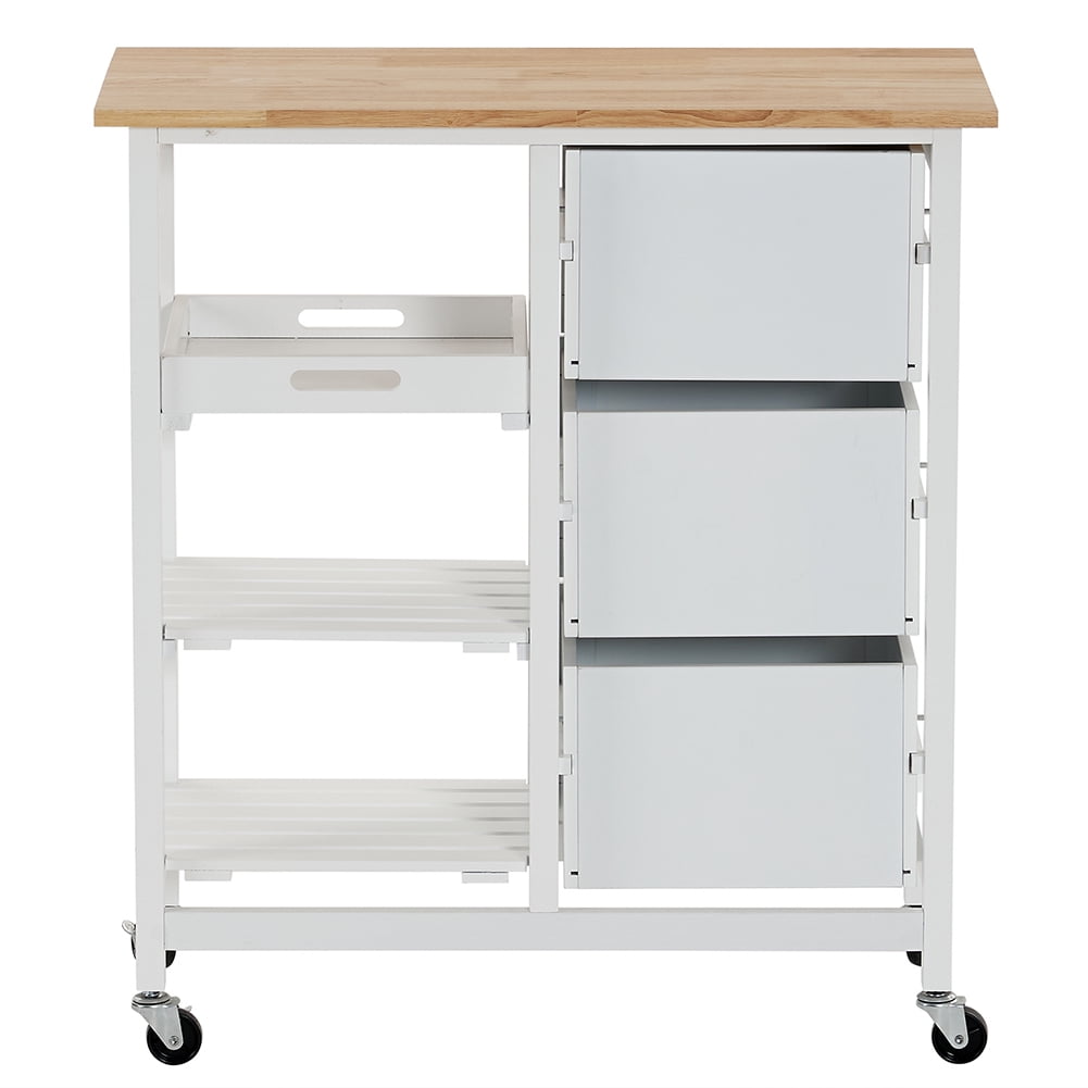 Kadyn Kitchen Island Cart, Moveable Kitchen Cart with Three Drawers and Three Layers Black Handle, Rolling Bar Cart for Home, White Kadyn Kitchen Island Cart, Moveable Kitchen Cart with Three Drawers and Three Layers Black Handle, Rolling Bar Cart for Home, White