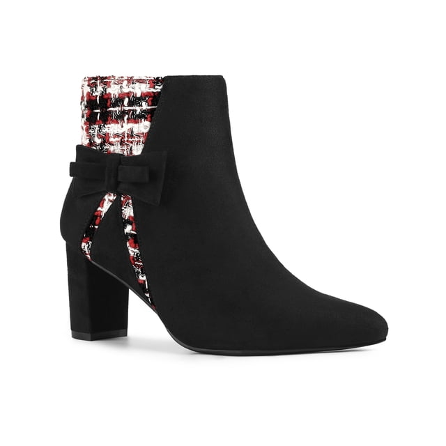 BLISSFUL STEP Women's Pointed Toe Plaid Block Heels Ankle Boots Black 7