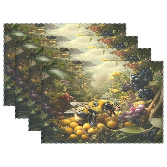 Ryvnso Placemats Set of 4 Bee in Grapes Dining Mats Heat-Resistant Non-Slip Washable Table Mat