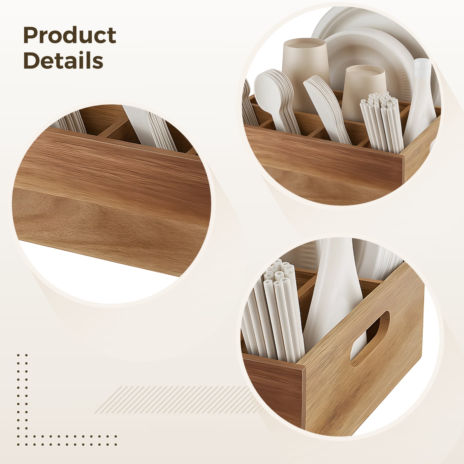 Wooden Cutlery Holder for Dining Table, Multiple Compartments Organizer Box, Ideal for Parties, Picnic, and Home Use, Features Handles for Easy Movement 11"x10.5"x3.7"