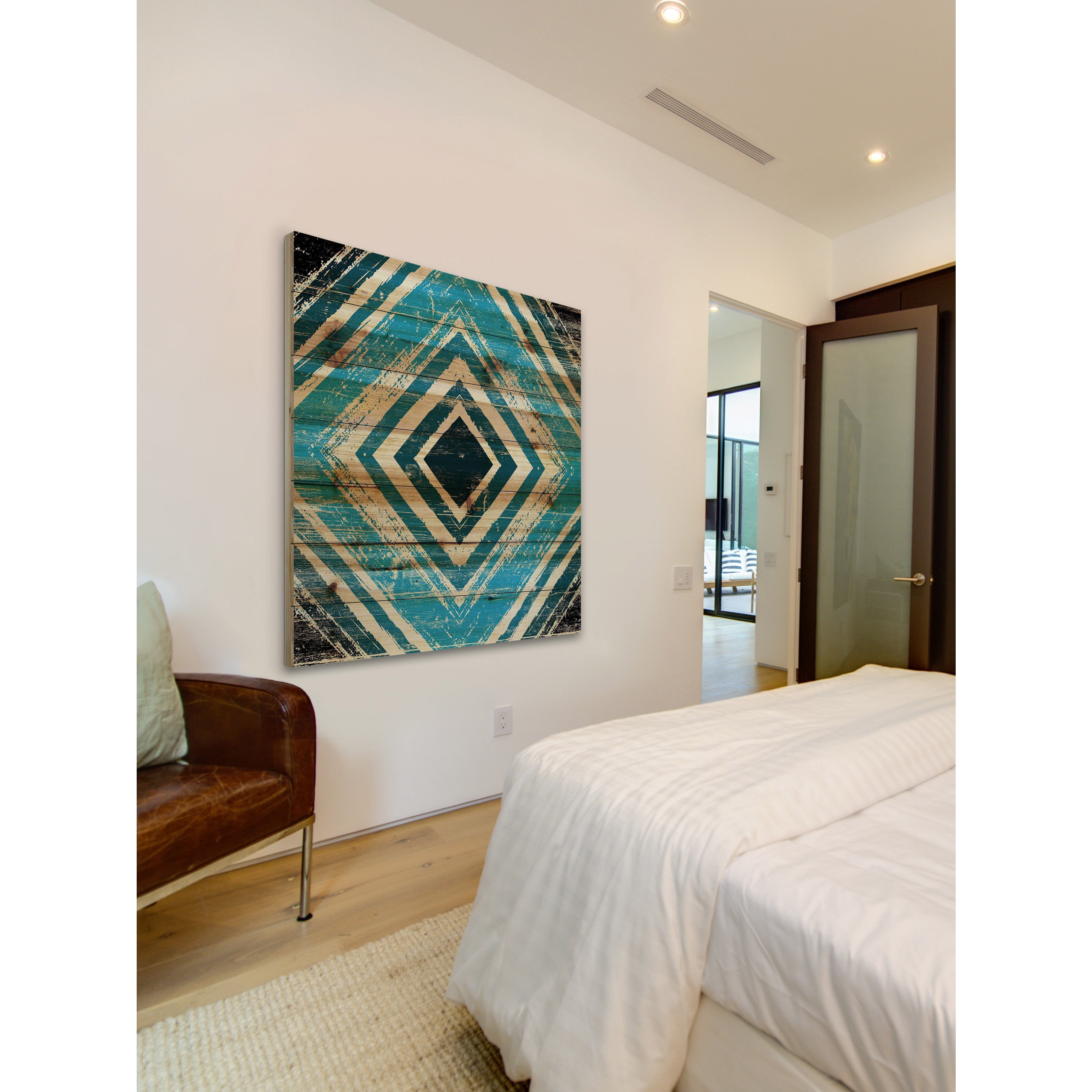 "Blue Square Rings" Painting Print on Natural Pine Wood