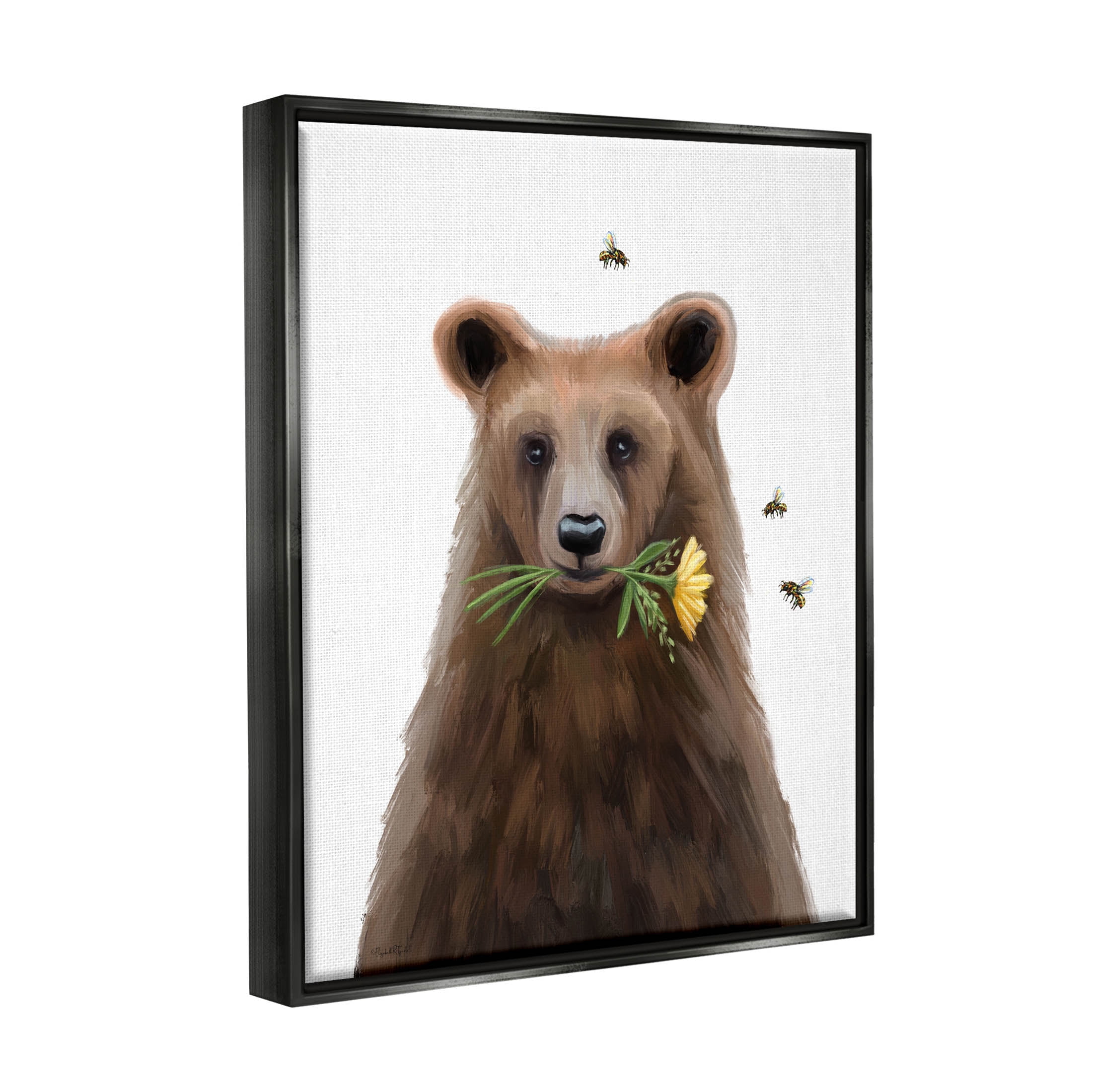 Stupell Industries Woodland Bear Flower Sprig Graphic Art Jet Black Floating Framed Canvas Print Wall Art, Design by Elizabeth Tyndall
