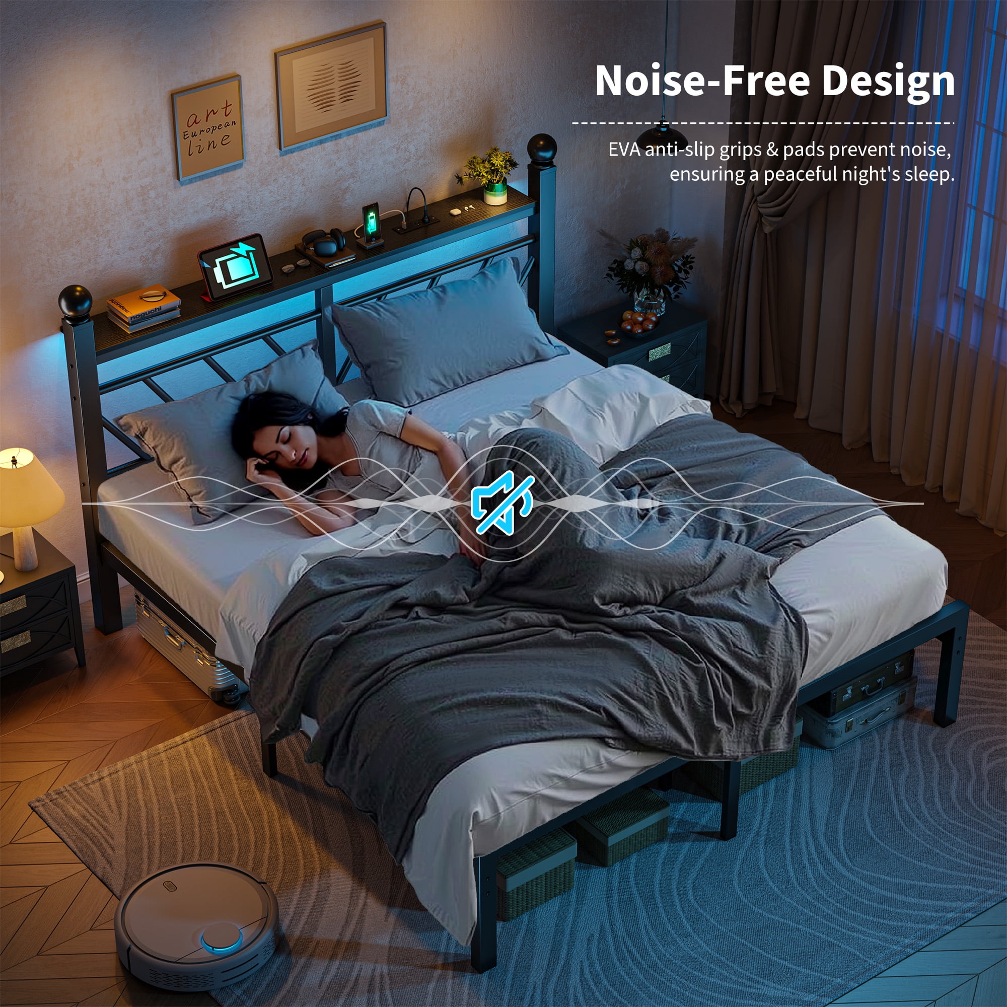 EnHomee Queen Size Metal Bed Frame with Headboard Metal Platform Bed Frame with Storage Platform Metal Bed Frame Queen with LED Lights, Noise Free, Black