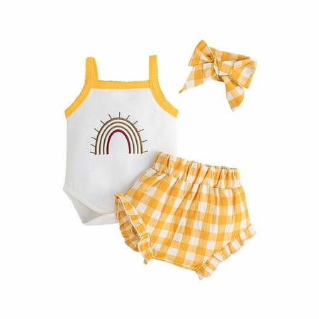 

ZRBYWB Baby Girl Yellow Summer Sling Rainbow Cartoon Pattern Climbing Clothes Hair Accessories Three Sets Of Girls Clothes Suits