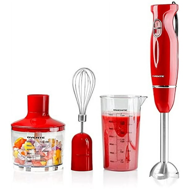 OVENTE Batidora de mano eléctrica de inmersión, 300 W de potencia, 2 velocidades de mezcla con cuchillas de acero inoxidable, juego de batidora de mano con accesorio para batidor de huevos, vaso mezcl