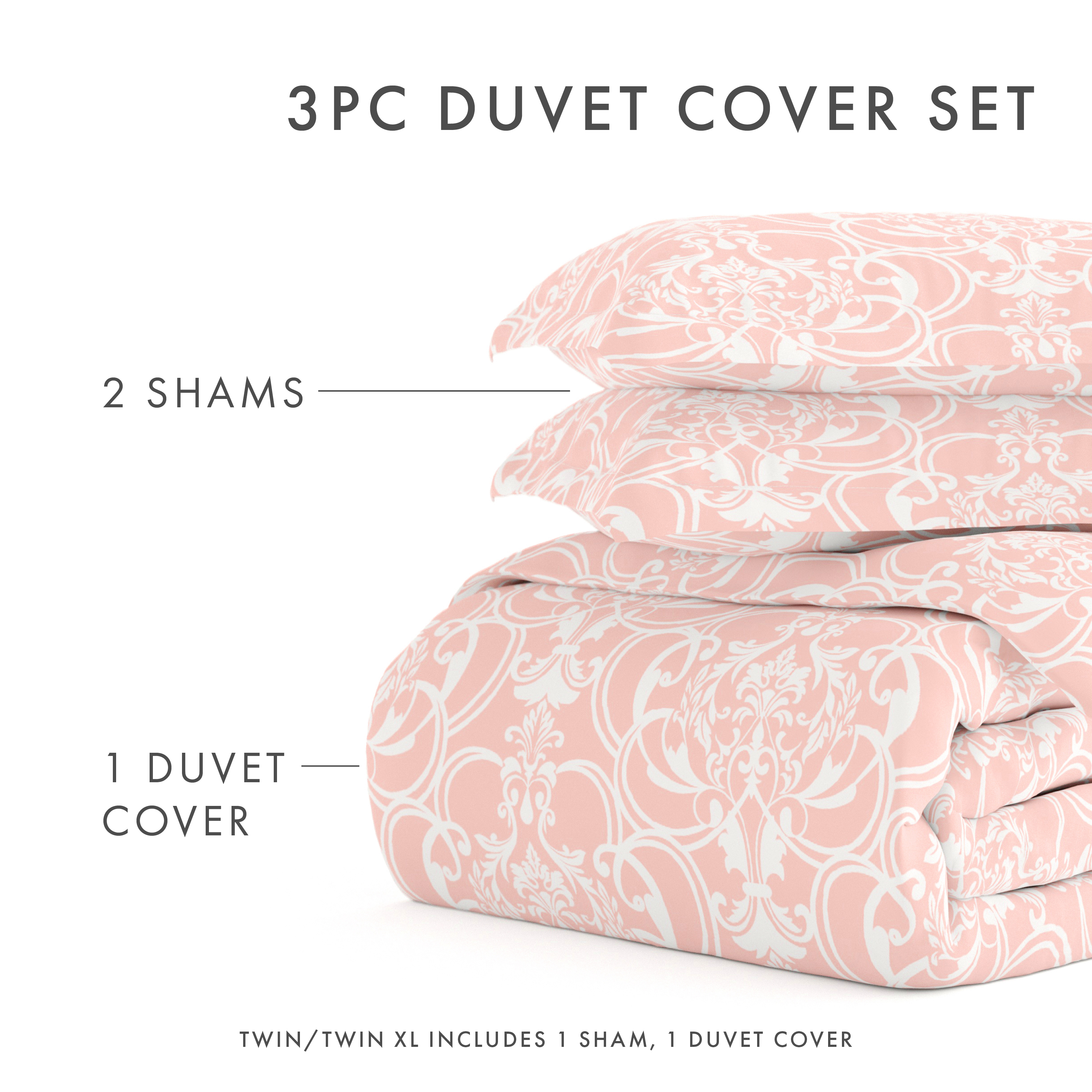 Noble Linens Pink Romantic Damask Pattern 3-Piece Duvet Cover Set, King/Calking