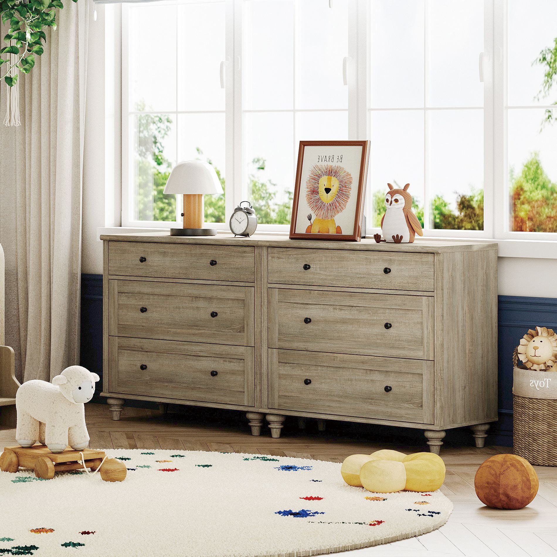 Mid-Century Modern Wooden Dresser with 6 Wide Drawers, Compact Storage Organizer for Bedroom, Nursery, Hallway, and Living Room, Gray Wash