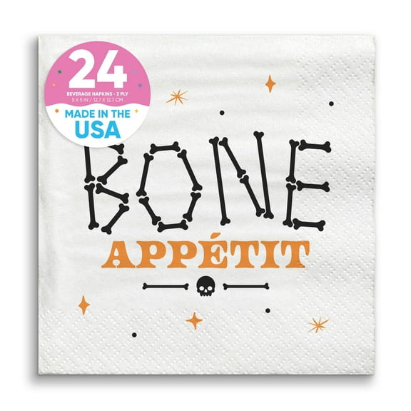 Big Dot of Happiness Bone Appetit Party Napkins, Skeleton Halloween Party Decor, White 3-Ply Paper Beverage Napkins - 24 Count