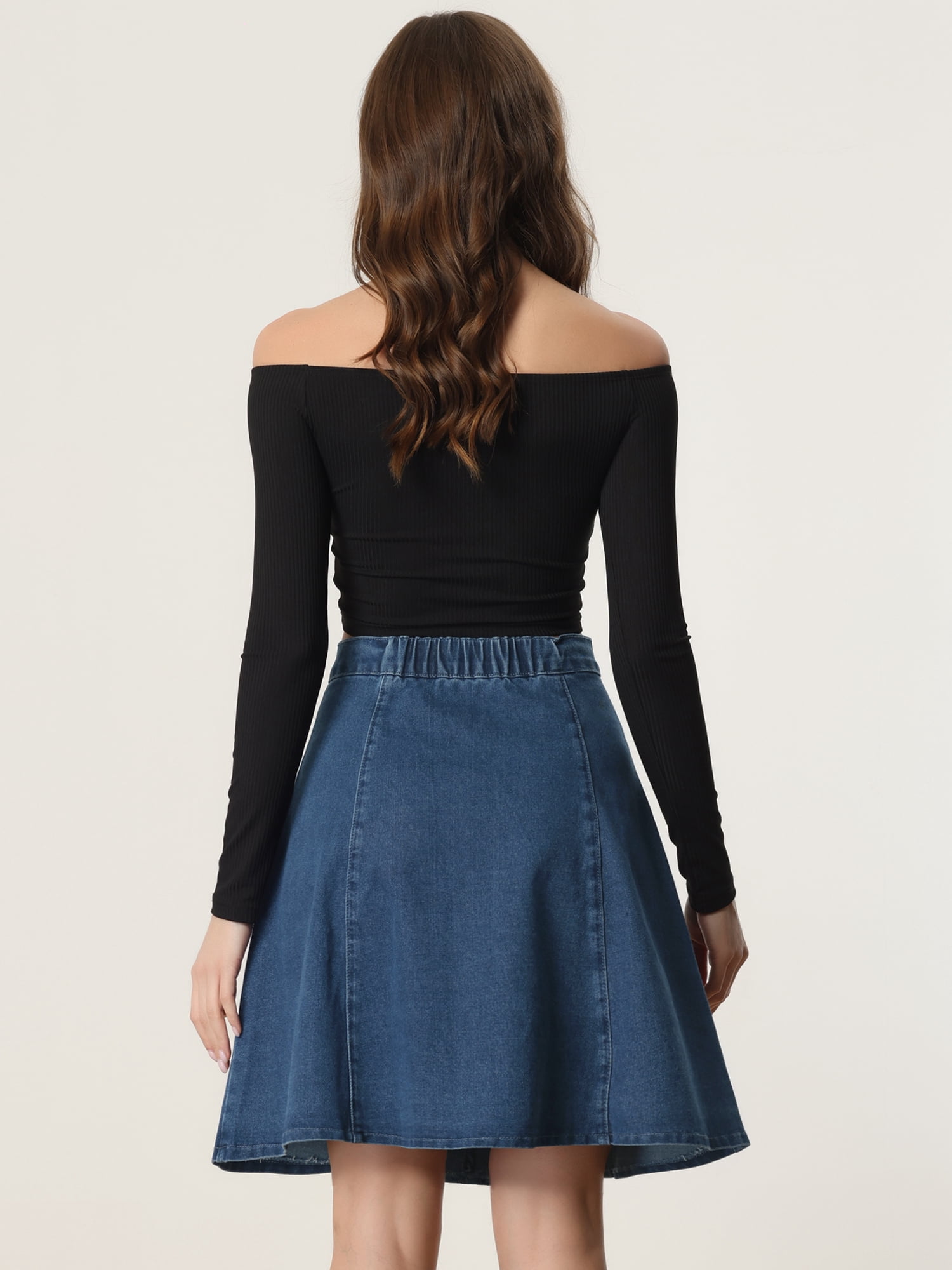 DARING DIVA Women's A-Line Flared Pleated Midi Denim Skirt L Dark Blue