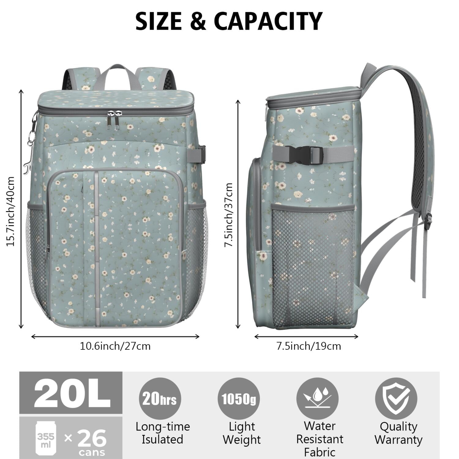 Travel Cooler Bag - Pioneer Flower Floral Print Pattern Camping Beer Cooler Backpack with Bottle Opener- Waterproof Insulated Picnic Backpacks - Cooler Bag for Beach