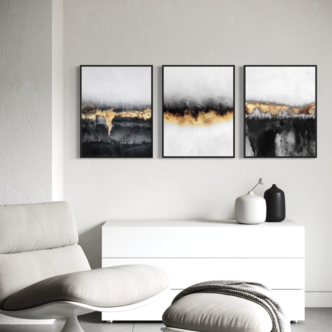 Set Of 3 Golden Abstract Wall Art Prints Modern Minimalist Bedroom And Gallery Wall Decor