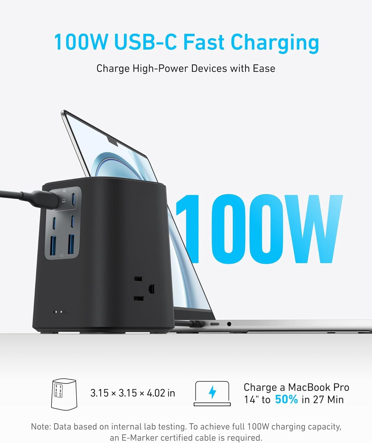 Anker Charging Station (100W), 9-in-1 USB C Power Strip with 300J Surge Protection, Compatible for iPhone 16 and MacBook, 5 ft Flat Cable and Plug, 4 USB-C and 2 USB-A Ports, 3 AC Outlets