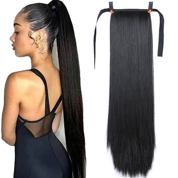 Cabello largo y liso Peluca de alta temperatura Extensión de cabello de cola de caballo Mujeres Cabello largo Unión Cola de caballo Trenza Peluca Pieza, Negro