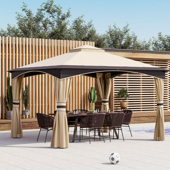 Outsunny 10' x 12' Outdoor Gazebo with Netting and Curtains, Patio Gazebo Canopy with 2-Tier Soft Top Roof and Steel Frame for Lawn, Garden, Backyard and Deck