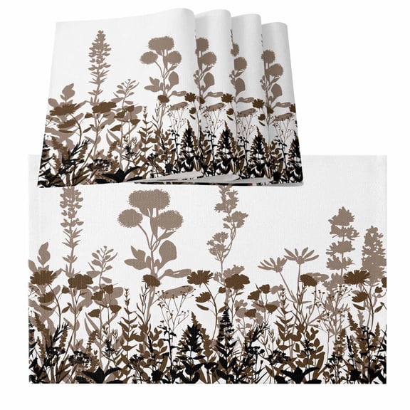 Brown Flowers Vintage Country Spring Wild Floral Herbs Burlap Kitchen Place Mats Waterproof Cloth Table Mats, Indoor Outdoor Placemats Easy Clean Dinner Decor