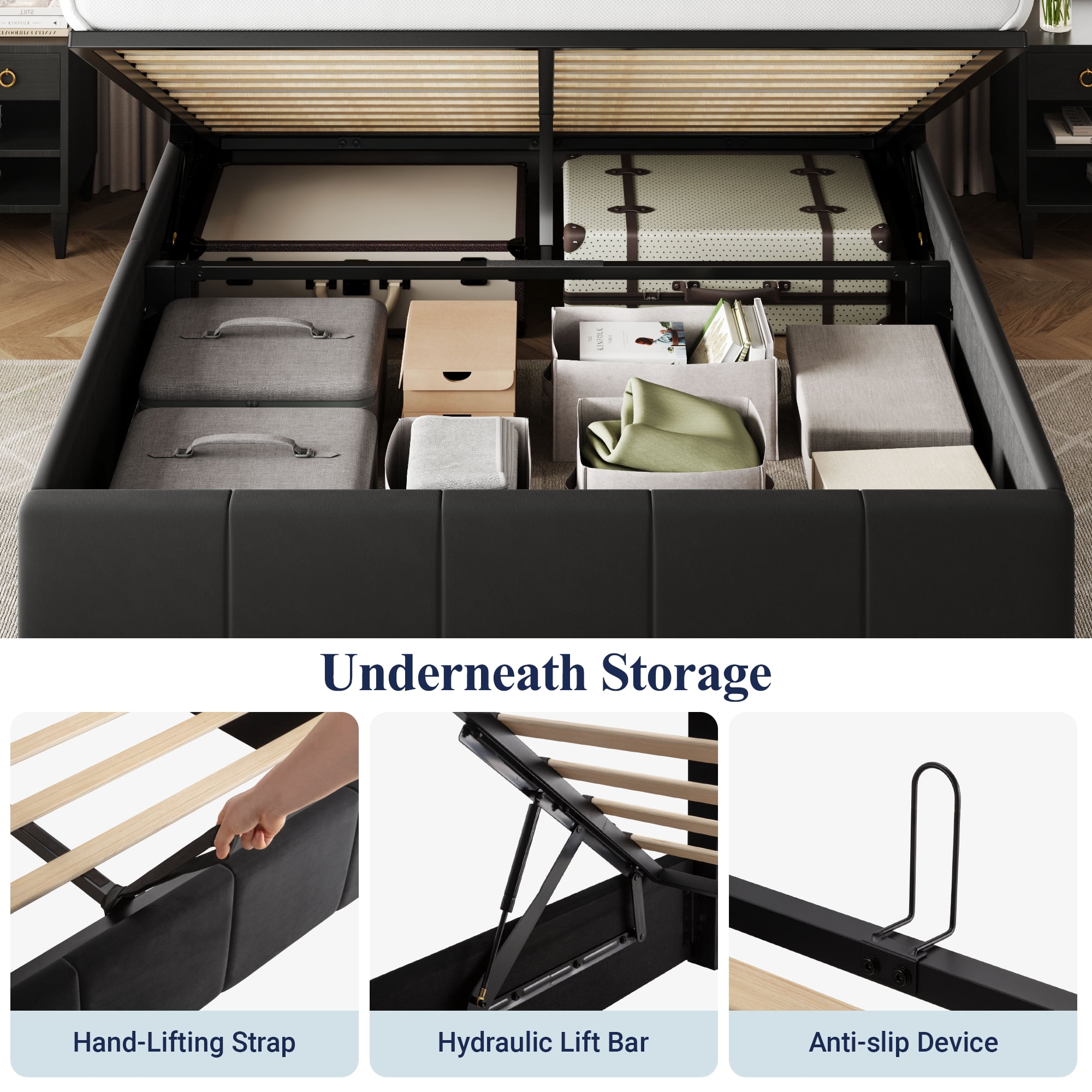Allewie Queen Size Velvet Lift Up Storage Bed Frame, Vertical Channel Tufted Headboard, Hydrualic Underneath Storage, Upholstered Platform Bed, Wooden Slats Support, No Box Spring Needed, Black
