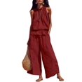 thumbnail image 2 of Women'S Linen 2 Piece Outfits Sleeveless Ruffle Top Wide Leg Pants Summer Loungewear Beach Sets XXL, 2 of 8