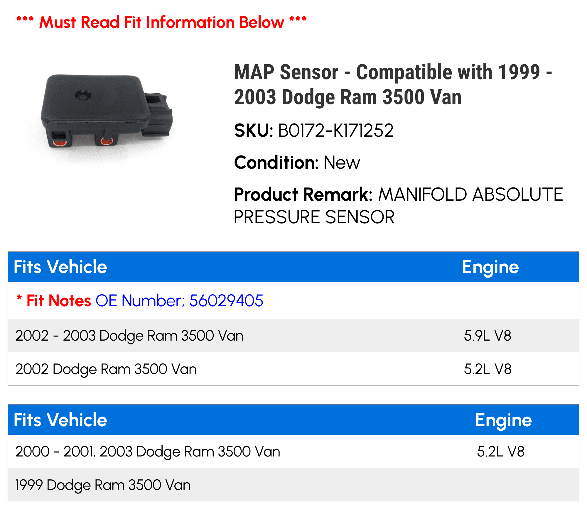 MAP Sensor - Compatible with 1999 - 2003 Dodge Ram 3500 Van 2000 2001 2002