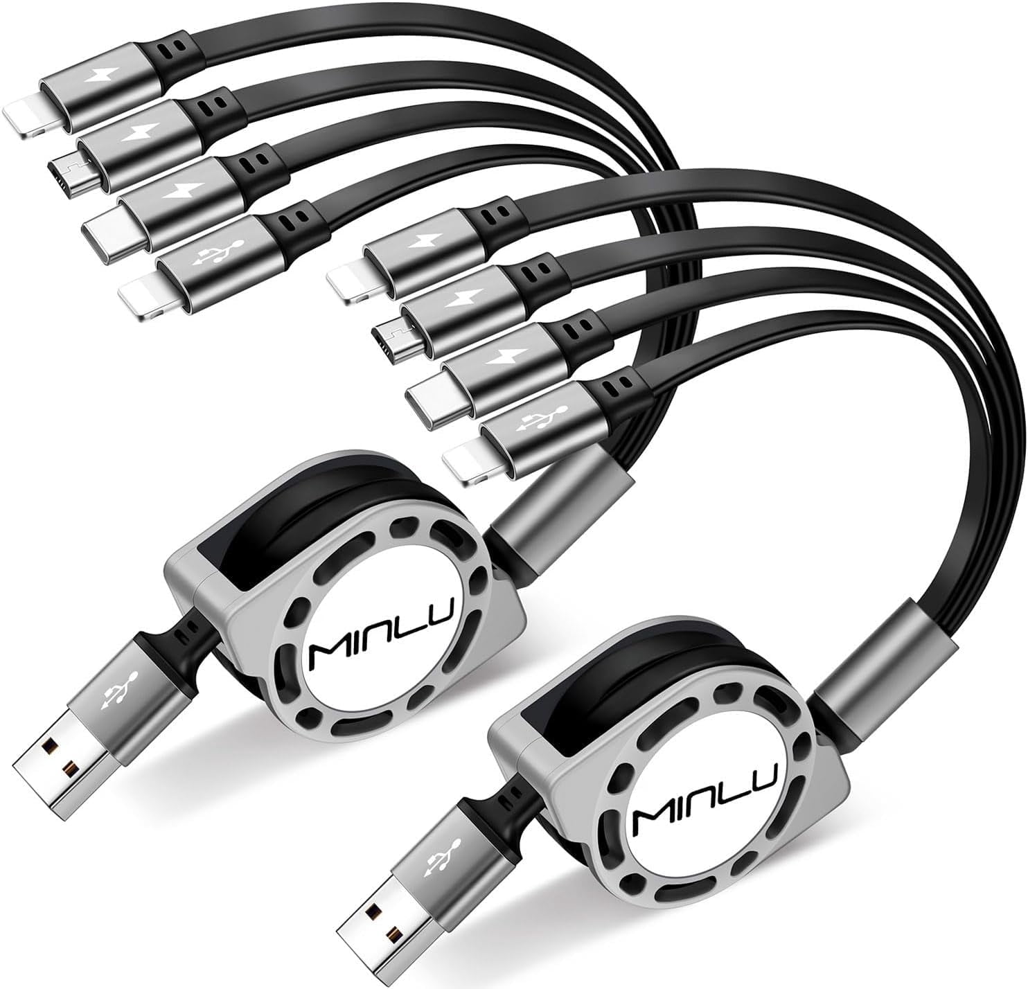 RGHJAR-MINLU Multi Charging Cable 4A, 2Pack 4Ft Retractable Multi Fast Charger Cable, Multiple Charging Cord, 4 in 1 Multi USB Cable with Type C/Micro USB Ports for Cell Phones/IP/Galaxy/PS/Tablets/i