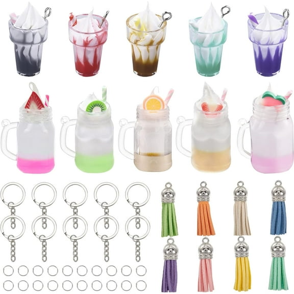 DIY Cute Tassel Keychain Making Kits Including Tea Resin Pendants Faux Suede Tassel Pendant Iron Split Key Rings Mixed Color Pendants: 26pcs/set