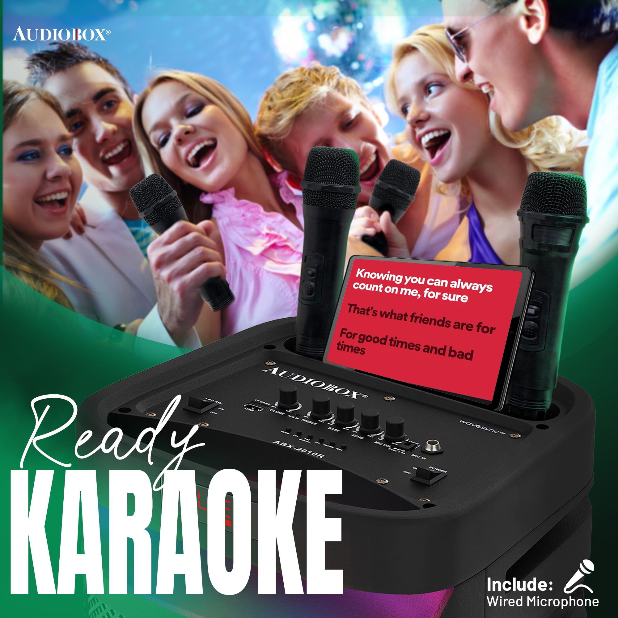 Audiobox ABX-2010R Dual 10" Party Bluetooth Speaker - Portable Karaoke Machine with Bluetooth, USB, TF Card, FM Radio, and Wired Microphone - Ideal for Parties and Events