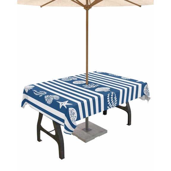 nqOlkjepod Navy Blue Striped Coastal Outdoor Tablecloth with Umbrella Hole & Zipper, Nautical Beach Starfish Shell Rectangle Table Cover 60x120 Inch, Waterproof Table Cloth Protector for Patio