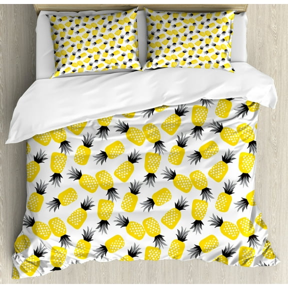 Pineapple King Size Duvet Cover Set, Star Patterned Arrangement of Exotic Fruits with Greyscale Leaves, Decorative 3 Piece Bedding Set with 2 Pillow Shams, Black Grey and Yellow, by Ambesonne
