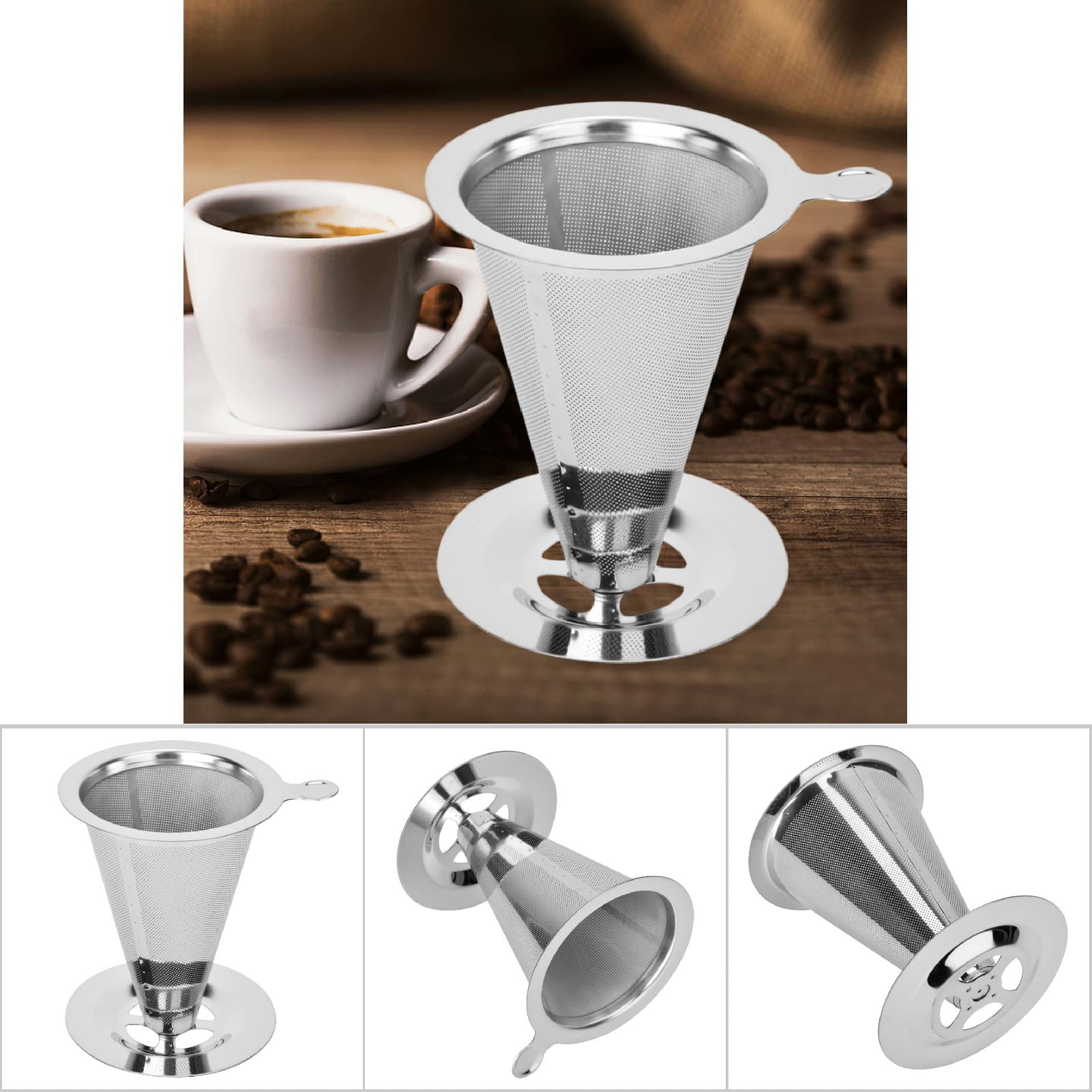 Filtre à café réutilisable en acier inoxydable à double couche avec support, versez sur le goutteur de café, panier à thé en maille Filtre à café réutilisable en acier inoxydable à double couche avec support, versez sur le goutteur de café, panier à thé en maille