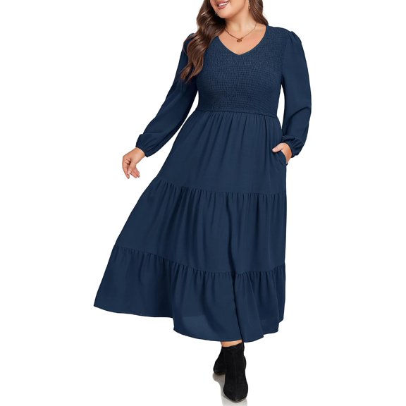 Women Plus Size Fall Dresses Long Sleeve V Neck Dress Maxi Casual Flowy Tiered 2026 Dress with Pockets