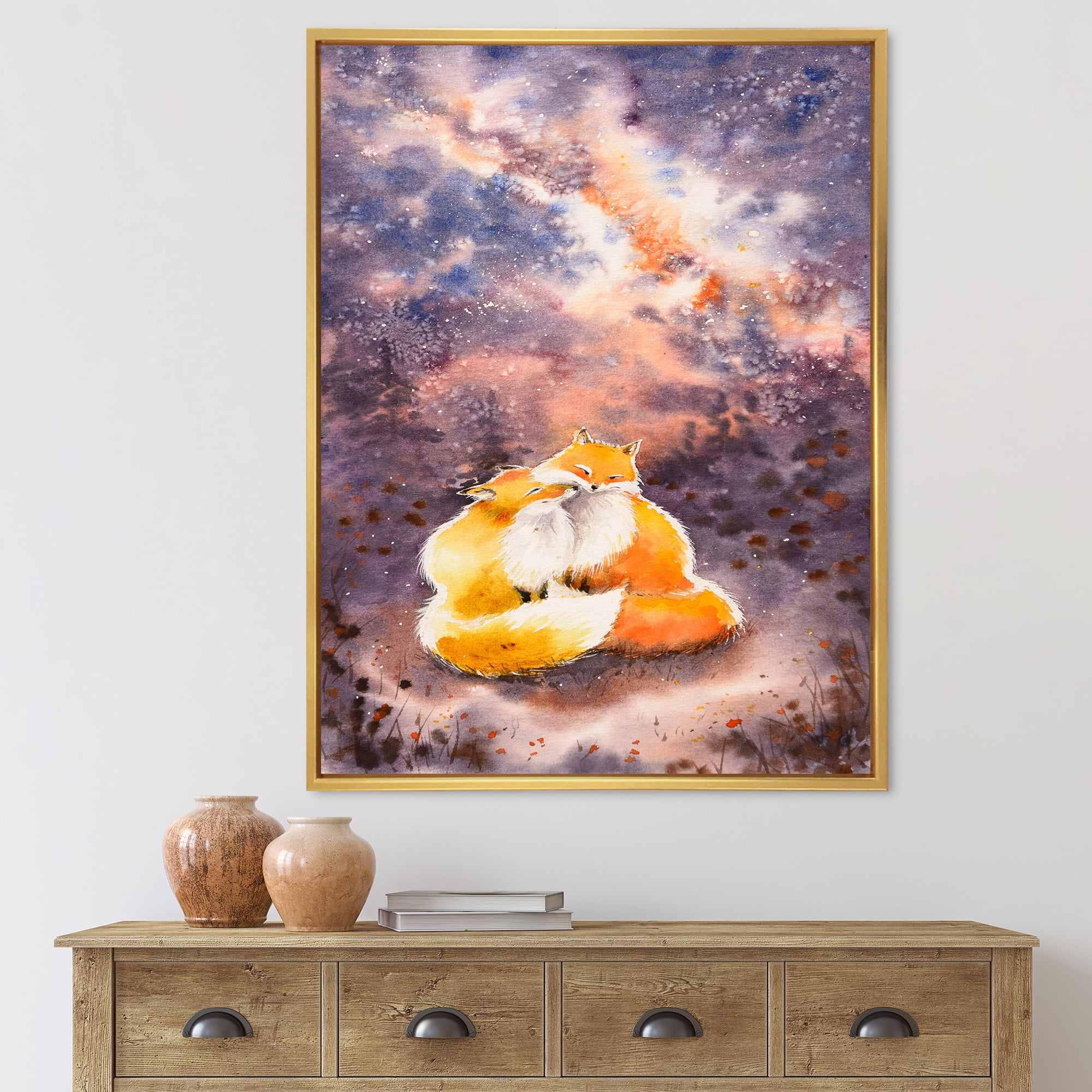 Designart 'Foxes Over A Night Sky Hugging ' Children's Art Framed Canvas Wall Art Print