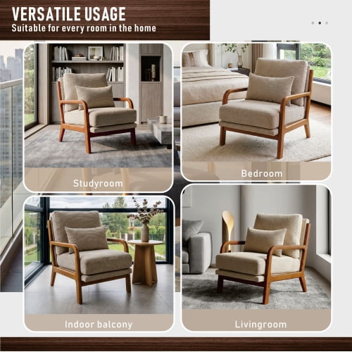 Wooden Lounge Chair with Solid Wood Armrests, Mid-Century Modern Single Sofa for Living Room, Bedroom, Balcony, Office, Camel