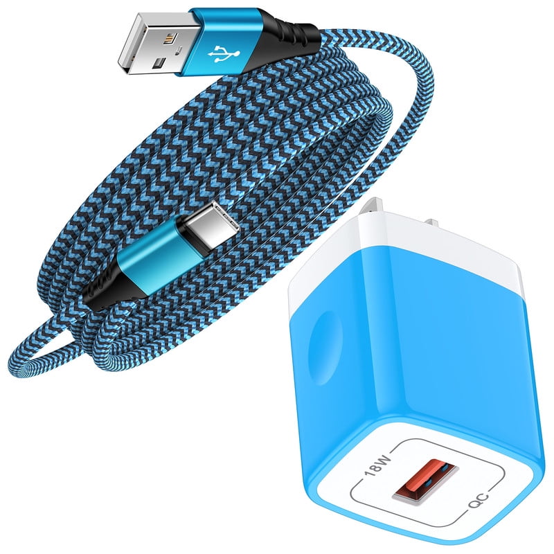QC 3.0 Fast Wall Charger Block, 18W Phone Charger with 6FT Type-C Cable, Power Adapter Compatible with iPhone 17/16/15 Pro Max iPad Pro Galaxy S26 Android,Blue