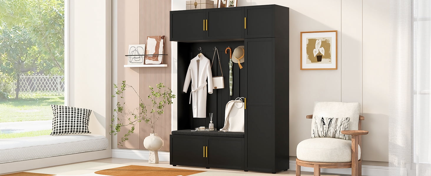 Mintazer All‑in‑One Hall Tree with Cushioned Shoe Bench & Hooks, Entryway Storage Organizer with Cabinets & Open Shelves for Mudroom Hallway, Black